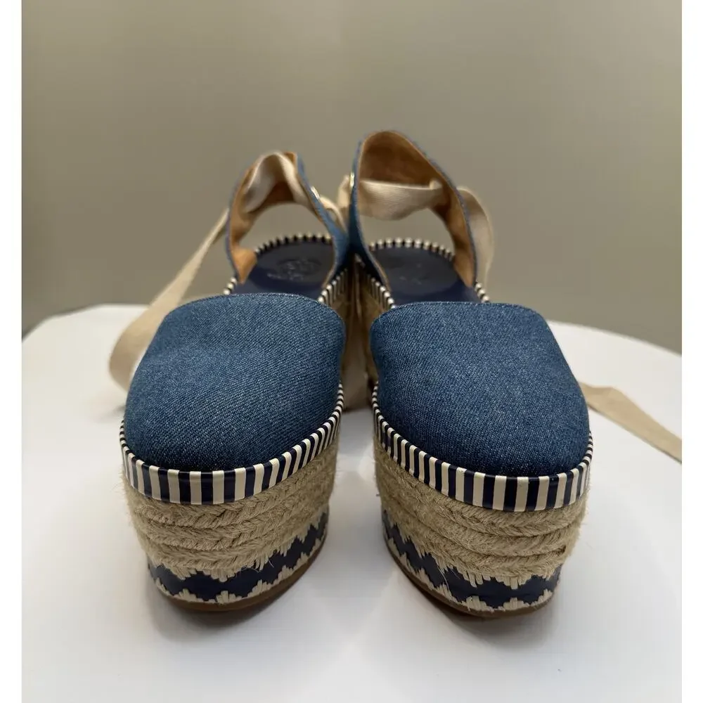 TORY BURCH DANDY Espadrille Platform SZ 6.5M Blue Jean Ankle Wrap Sandals - Picture 5 of 13
